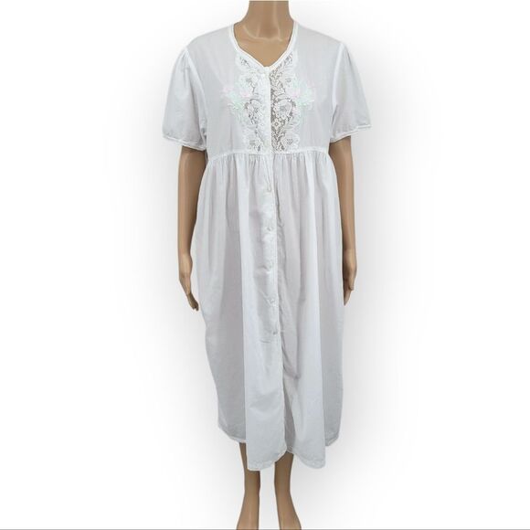 Erika Taylor White Cotton Embroidered Lace Button Up Nightgown Pajama Dress - Picture 2 of 16